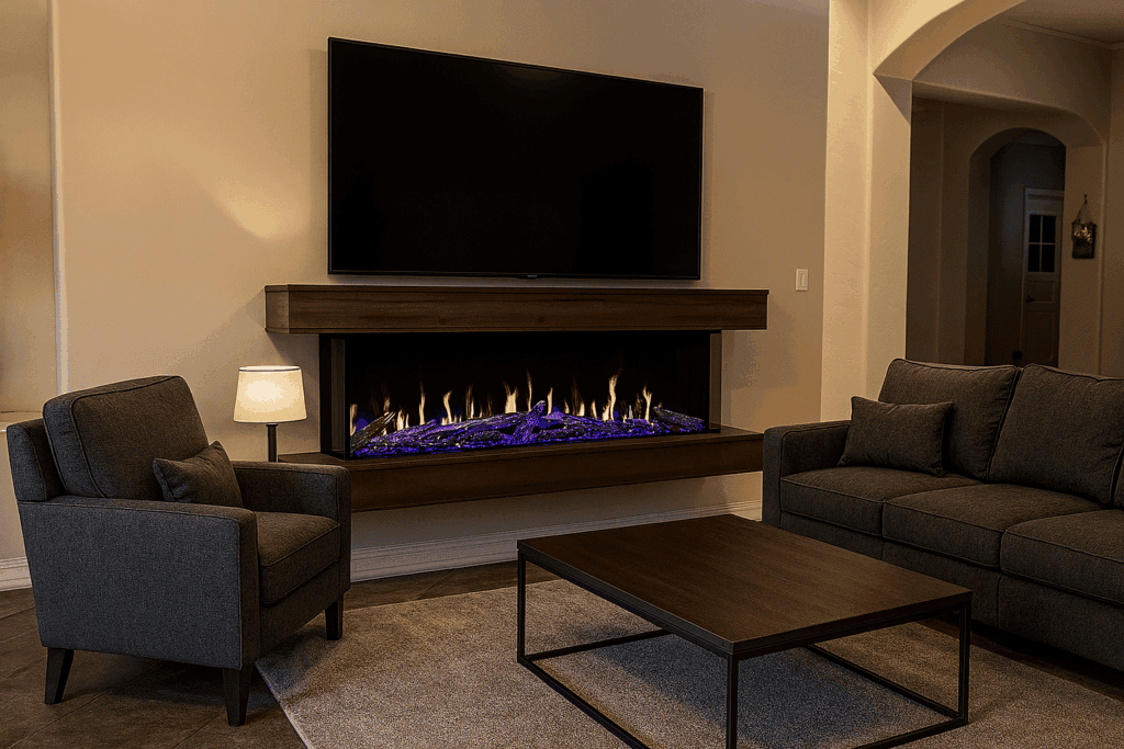 living room electric fireplace with wood floating mantel in gilbert az