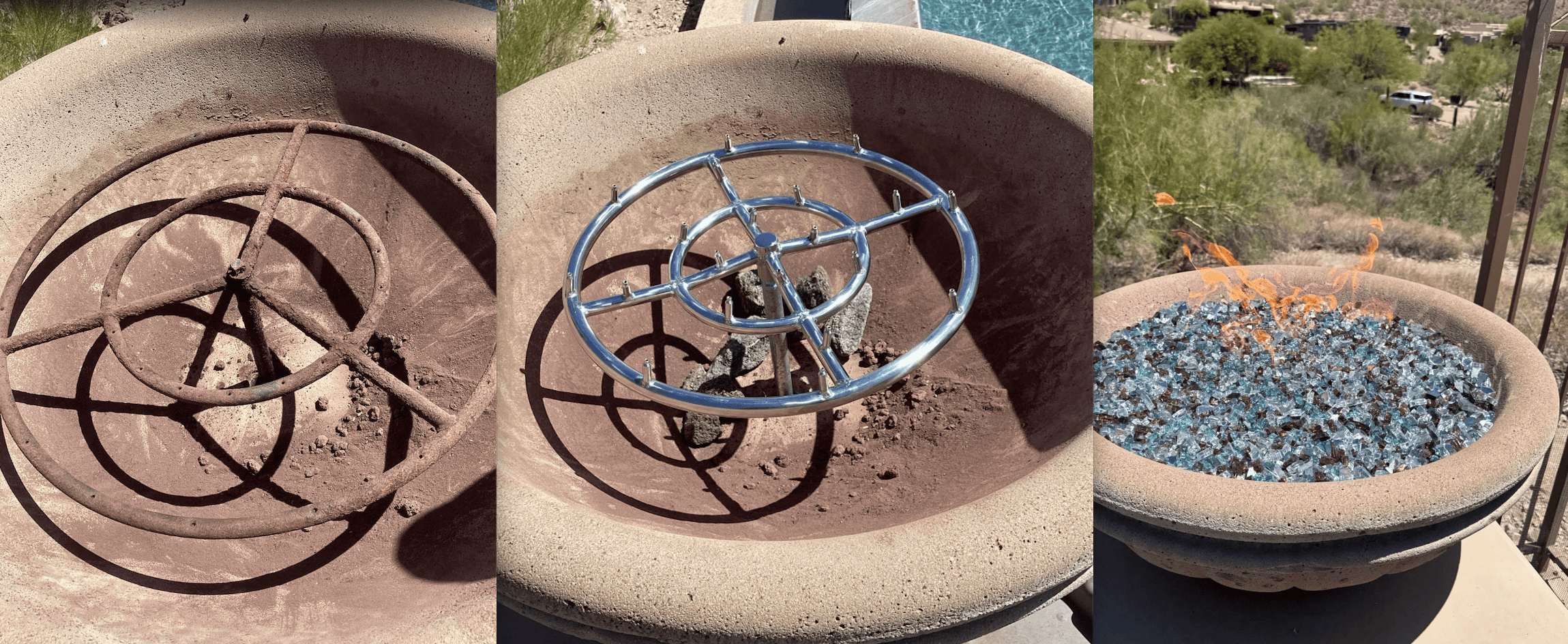 before and after photos of a fire bowl repair showing old rusted burner new high volume burner and new fire glass
