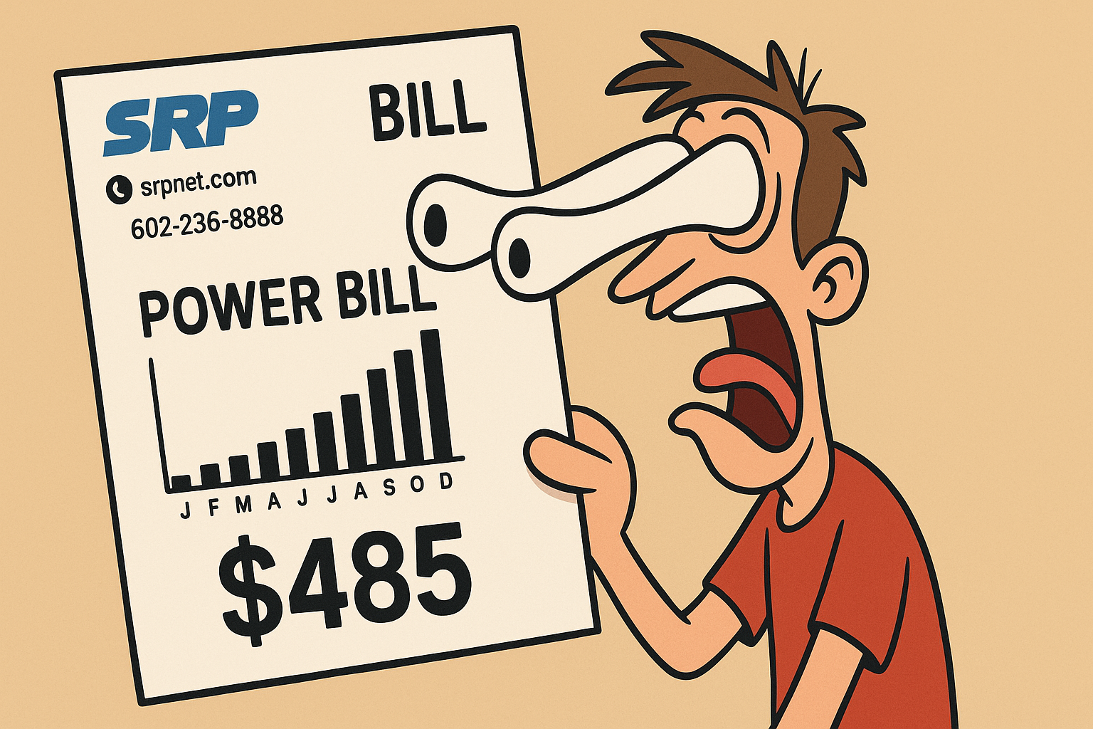 cartoon man holding his SRP power bill for $485 with his eyeballs popping out of their sockets in a humorous manner