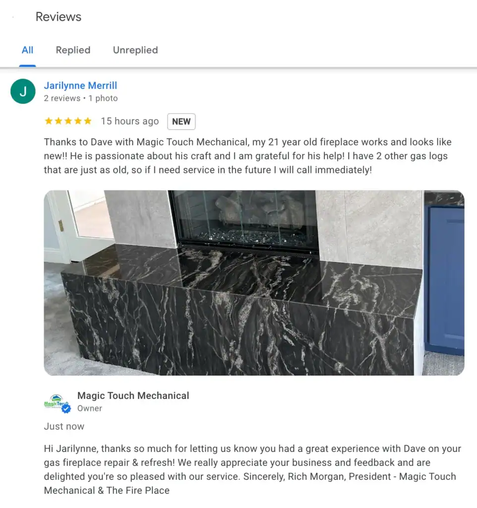 photo of a gas fireplace with a text review of Magic Touch Mechanical fireplace repair