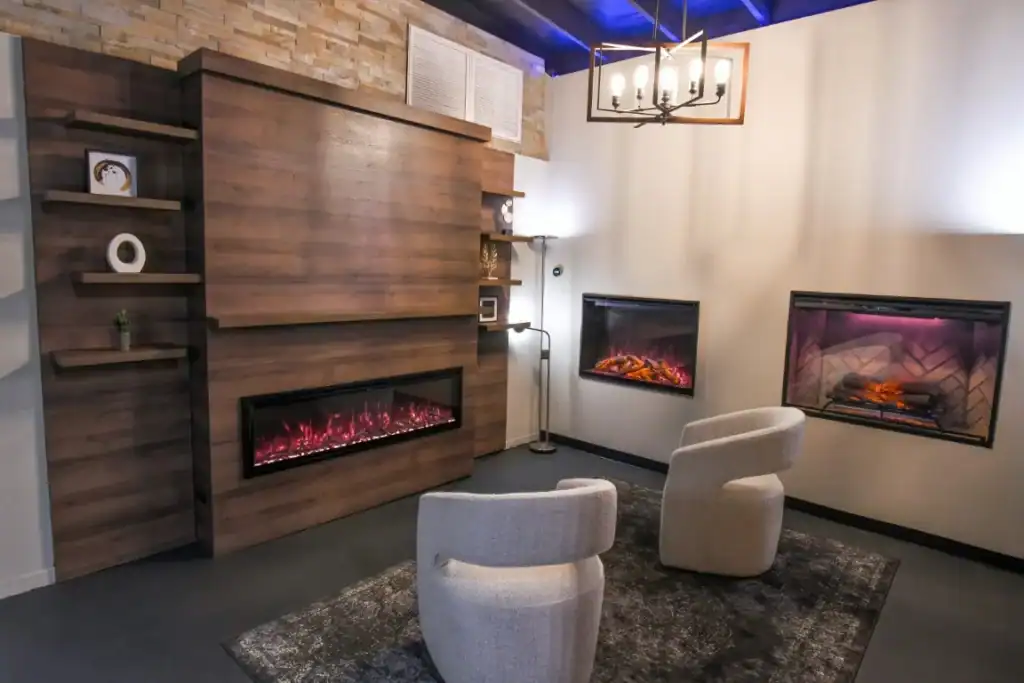 a photo of 3 electric fireplaces