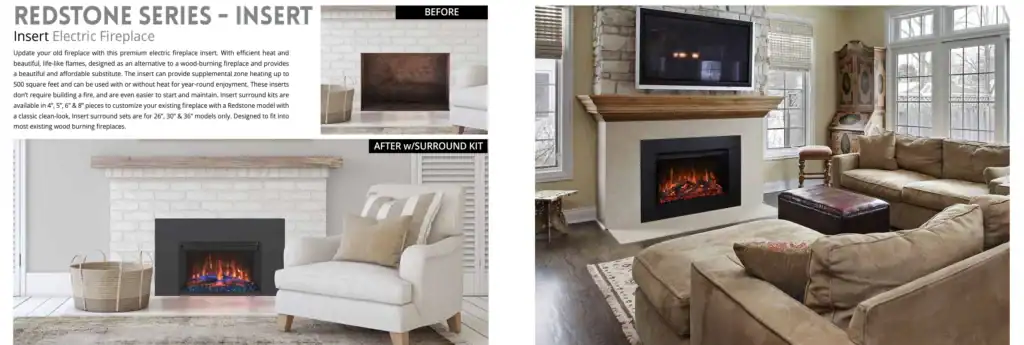 text description and photo of electric fireplace insert before and after