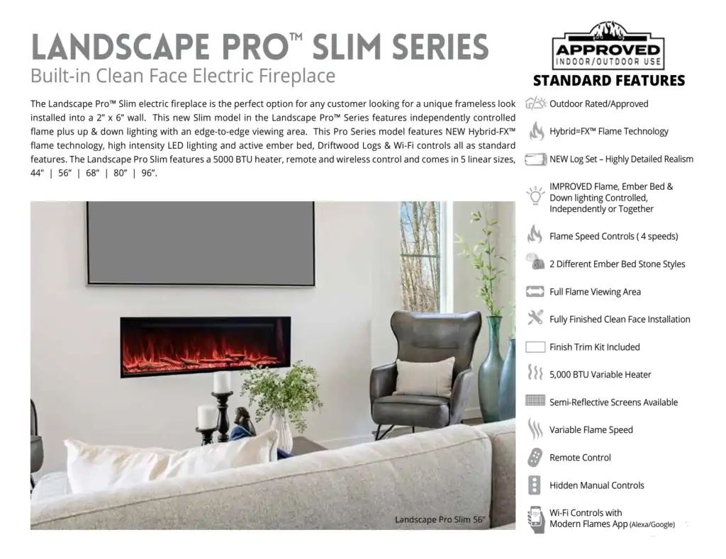 text and image information sheet for modern flames landscape pro slim electric fireplace